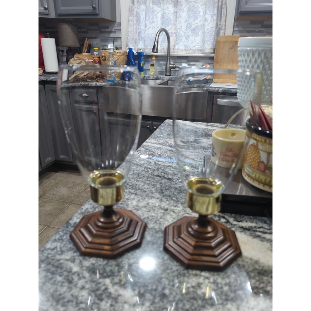 2 Vintage Cornwell Brass-tone & Wood Candlesticks Pair Glass Shades MCM